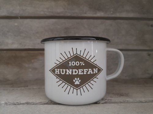weisse Emailletasse mit 100% Hundefan Aufschrift