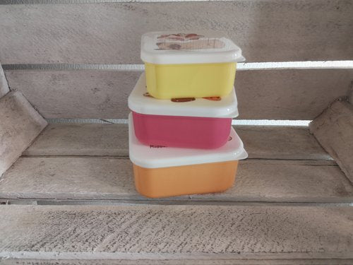 3x verschiedene bunte Plastik Boxen mit Hundemotiven