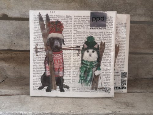 Serviette Zeichnung Ski fahrender Hund und Katze